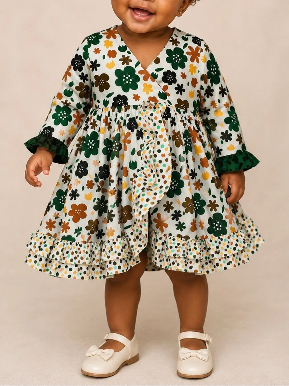 Jelly The Pug Green and Orange Floral Kids Dress (956)